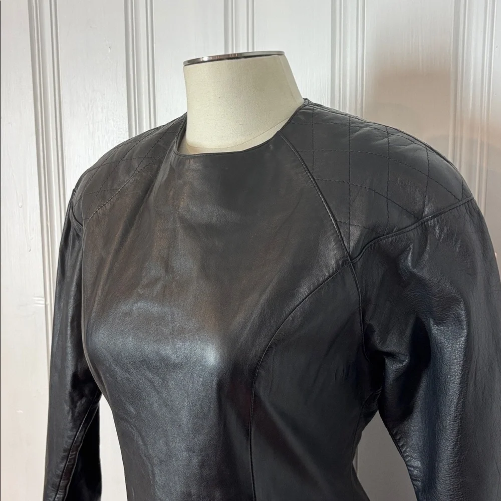 Vintage AMBRIA Black Genuine Leather Fitted Dress | Quilted Shoulders | Size 10 - Picture 6 of 12